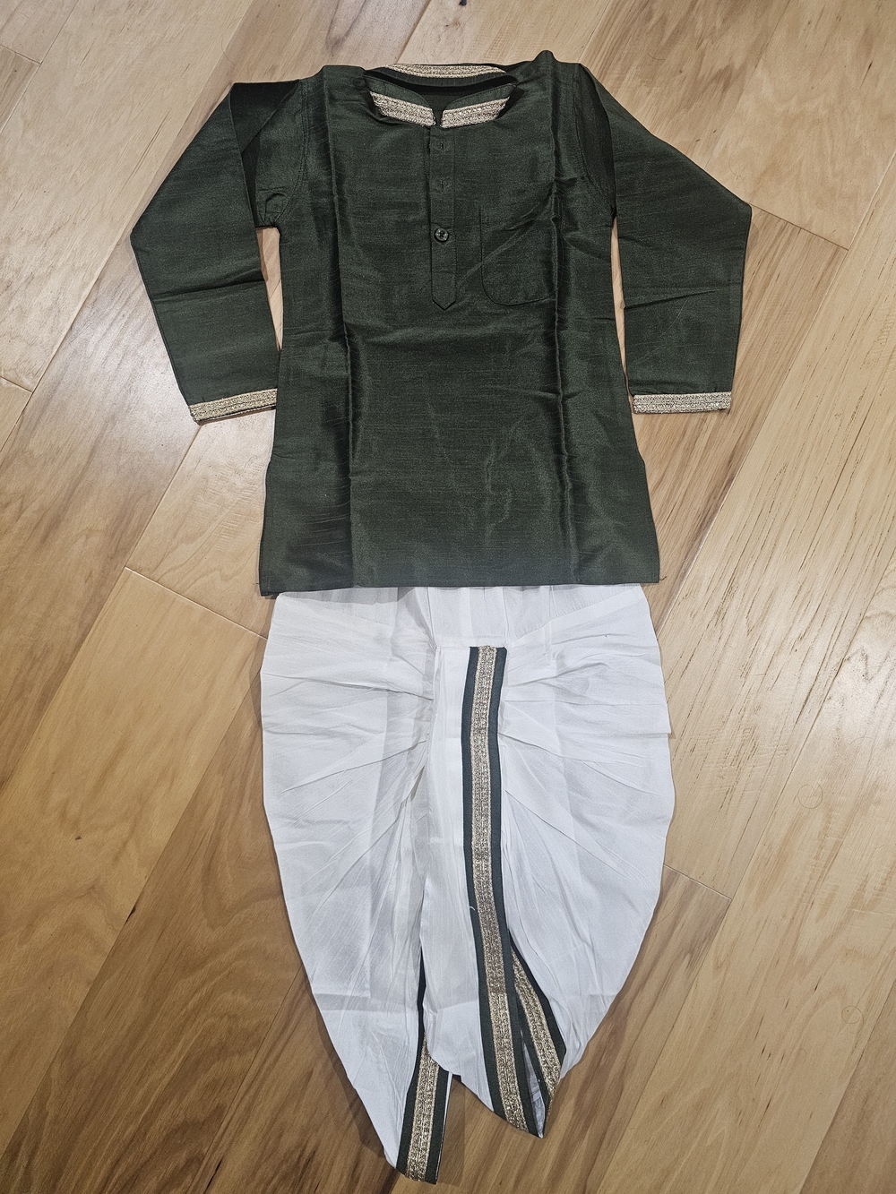 Indian Traditional Kids White Dhoti and Dark Green Kurta Set